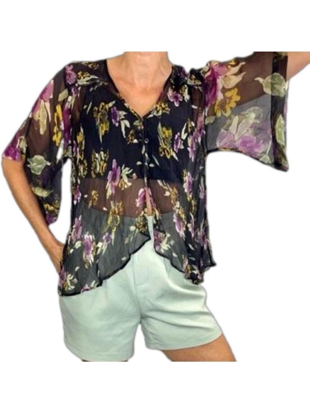 Free People Katomi oversized black floral kimono sleeve top XS